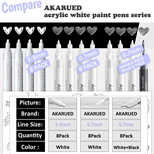 Acrylic White Paint Pen Fine Tip: 8 Pack 0.7mm Black White Paint Marker Pens for Art, Water-Based White Markers for Black Paper Metal Wood Stone AKARUED