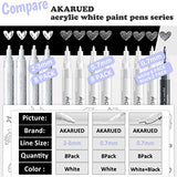Acrylic White Paint Pen Fine Tip: 8 Pack 0.7mm Black White Paint Marker Pens for Art, Water-Based White Markers for Black Paper Metal Wood Stone AKARUED