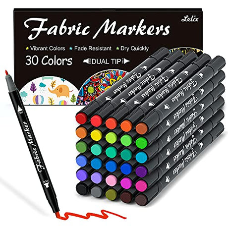 Lelix Fabric Markers, 30 Permanent Colors Dual Tip Fabric Pens for Writing Painting on T-Shirts Clothes Sneakers Canvas Pillowcases, Child Safe & Lelix