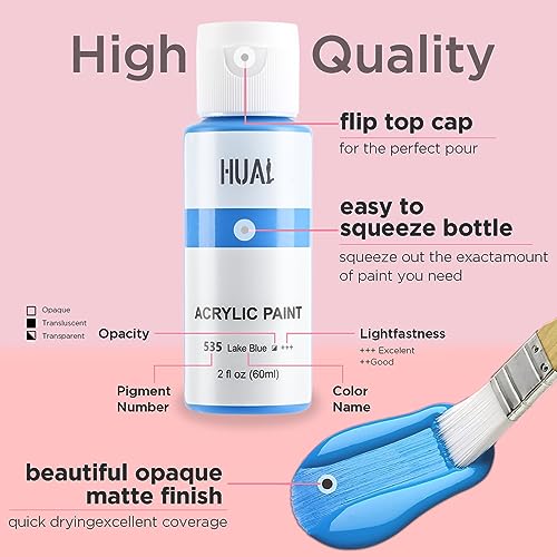 HUAL Acrylic Paint Set With 5 Brushes, 24 Colors (60ml, 2oz) Premium Acrylic Paints for Professional Artists Kids Students Beginners & Painters, HUAL