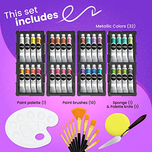 Chalkola Metallic Acrylic Paint Set for Artists, Adults & Kids - 32 Metallic Paint Tubes (22ml) (incl Gold, Silver), 10 Painting Brushes, 1 Knife, 1 Chalkola