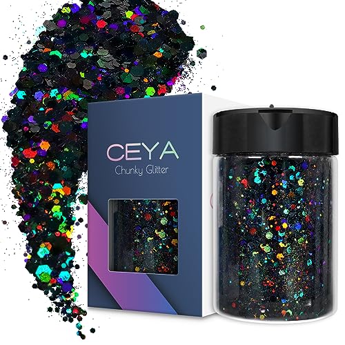 Ceya Holographic Chunky Glitter, 4.2oz/ 120g Black Craft Glitter Powder Mixed Chunky Fine Flakes Iridescent Nail Sequins for Nail Art, Hair, Epoxy - WoodArtSupply