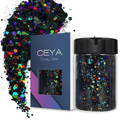 Ceya Holographic Chunky Glitter, 4.2oz/ 120g Black Craft Glitter Powder Mixed Chunky Fine Flakes Iridescent Nail Sequins for Nail Art, Hair, Epoxy