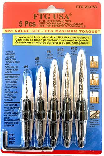 FTG USA Countersink Drill Bit Set 5 Pc Countersink Drill Bit #4#6#8#10#12 Tapered Drill Bits for Woodworking with Improved Countersink Connection - WoodArtSupply