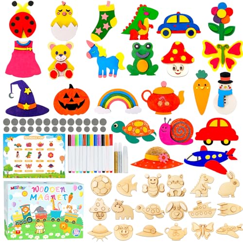 MGparty 36pcs DIY Wooden Magnets Painting Craft Kit, Wooden Art Craft Bulk Toys for Kids Age 3,4,5,6,7,8-12, Christmas Gifts Party Favors Decorate