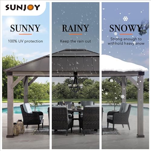 Sunjoy Hardtop Gazebo 13 x 15 ft. Upgrade Cedar Framed Wood Gazebo, Outdoor Patio Gazebo with Black Steel and Polycarbonate Hip Roof and Ceiling - WoodArtSupply