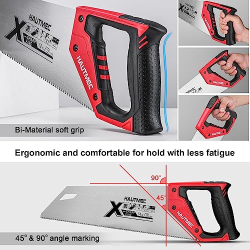 HAUTMEC 14 in. X-Sharp Hand Saw, 12 TPI Woodworking Handsaw, Soft-Grip Sharp SharpTooth for Cutting and Sawing Trees, Plastic Pipes, Drywall HAUTMEC