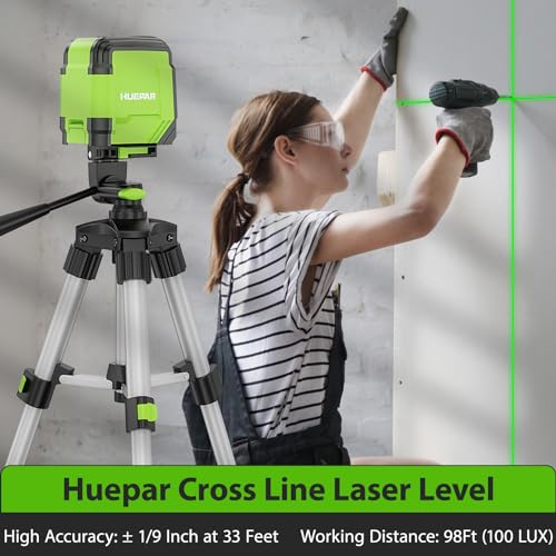 Huepar Laser Level - DIY Self-Leveling Laser Level Tool Green Cross Line Laser Level for Picture Hanging, Construction Indoor Project, with 360° Huepar