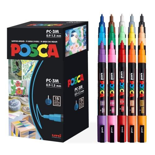 15 Posca Paint Markers, 3M Fine Posca Markers of Acrylic Paint Penswith Reversible Tips | Posca Pens for Art Supplies, Fabric Paint, Fabric Markers, Uni Posca