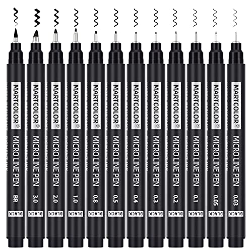 MARTCOLOR 12 Size Micro-Pen Fineliner ink Pens, Black Waterproof Archival Inking Markers, Multiliner Pen, Illustration Pen, Art Pen for Sketch,