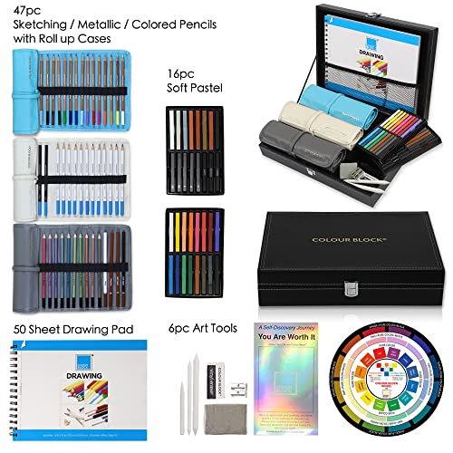 COLOUR BLOCK 91pc Travel Friendly Drawing Pencil Set, Sketching, Coloring, Charcoal Pencils, Soft Pastels, Sketch Book, Art Supply Kit for Kids Teens COLOUR BLOCK