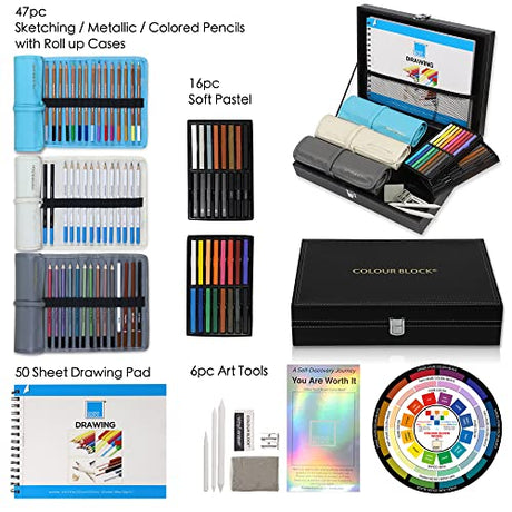 COLOUR BLOCK 91pc Travel Friendly Drawing Pencil Set, Sketching, Coloring, Charcoal Pencils, Soft Pastels, Sketch Book, Art Supply Kit for Kids Teens COLOUR BLOCK
