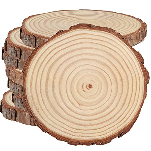 HAKZEON 8 PCS 7.1-7.8 Inches Natural Wood Slices, 4/5 Inches Thick Wood Rounds with Bark, Unfinished Wooden Discs for Crafts Rustic Wedding