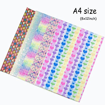 Shalun 50pcs A4 Random Printed Fine Glitter Faux Leather Sheets 8x12inch Shiny Rainbow Mermaid Flower Butterfly Pattern PU Canvas Fabric for Cricut Craft Keychains Bows Earrings Sewing Starter