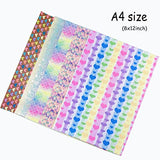 Shalun 50pcs A4 Random Printed Fine Glitter Faux Leather Sheets 8x12inch Shiny Rainbow Mermaid Flower Butterfly Pattern PU Canvas Fabric for Cricut shalun