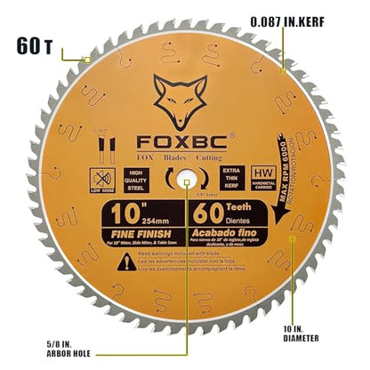 FOXBC 10-Inch Miter/Table Saw Blades, ATB, 60-Tooth, Thin Kerf Fine Finish Crosscut Blade with 5/8-Inch Arbor - WoodArtSupply