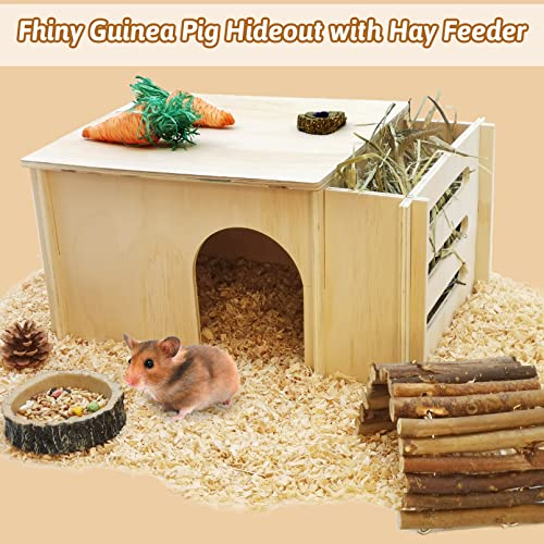 Fhiny Guinea Pig Wood House with Hay Feeder, Detachable Chinchilla Hut Hideout Small Animal Hideout Hideaway Natural Hamster Habitat Decor for Guinea - WoodArtSupply