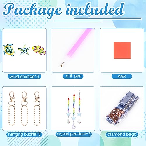 Anseal 3 Pack Diamond Art Suncatcher Wind Chime Kits for Adults Kids, Double Sided Crystal Sea Animals Diamond Painting Hanging Ornament Suncatchers Anseal