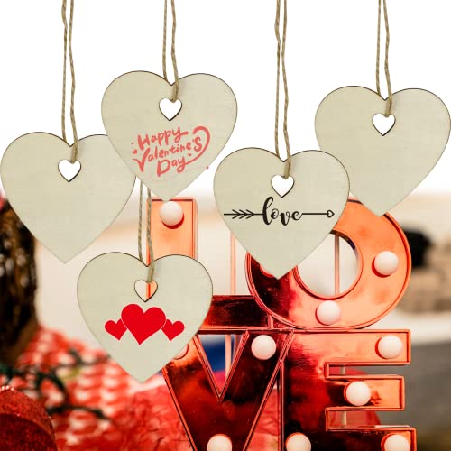 MUXGOA 60 Pcs 3" Wooden Hearts for Crafts,Natural Heart Wood Love Heart Shape Slices with 60 Pcs Natural Twine for Party Valentine's Day, Wedding, MUXGOA