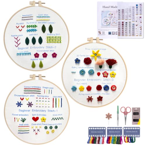 Embroidery Kit Beginners Embroidery Stitch Practice kit, chfine 3 Sets Hand Embroidery Starter Kit with 1 Hoop Learn 25 Different Stitches for Craft - WoodArtSupply