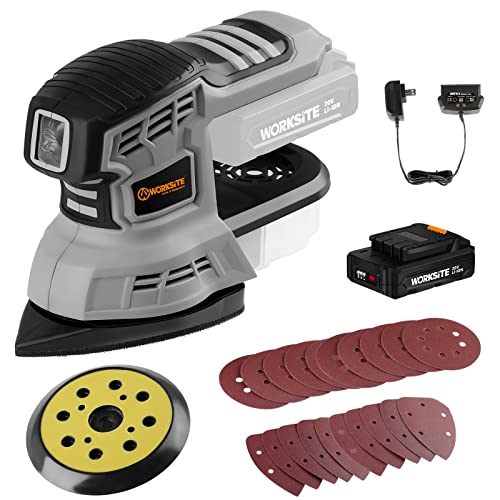 WORKSITE 20V MAX Cordless Random Orbital Sander & Detail Sander, Multi-Purpose Hand Sander w/2.0A Battery & Charger, 20pcs Sanding Discs, Dust