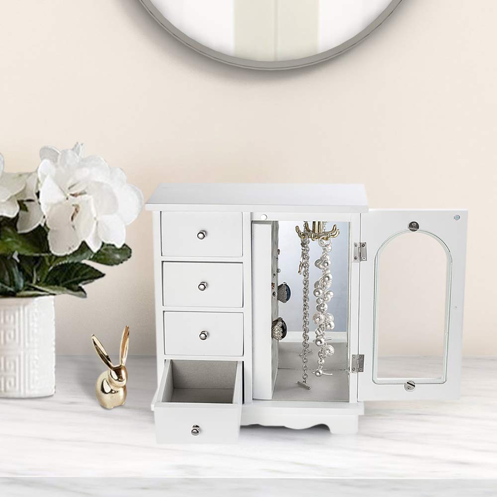ZGZD White Jewelry Box Wooden Makeup and Accessories Organizer Girls Ring Storage with 4 Drawers and Swing Door ZGZD