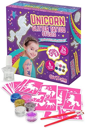 GirlZone Unicorn Glitter Tattoo Studio, Easy To Use and Skin-Safe Kids Temporary Sparkle Tattoos for Creative Playtime, Fun Party Crafts for Kids GirlZone