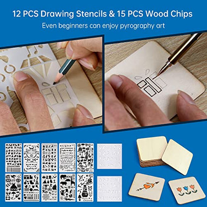 Goodcrafter Pyrography Pen Wood Burning Kit Station 200~480°C (with Temp Display)/Wire-Nib 250~750°C Temperature Adjustable with 20 Nibs, 53 Solid Points, 12 Stencils and 15 Wood Chip