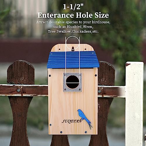 SUQEFAN 11" H Hanging Wood Blue Bird House for Outside Clearance with Metal Guard，Birdhouses for Outdoor Finch Bluebird Cardinals，Gifts for Bird - WoodArtSupply