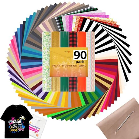HTVRONT Heat Transfer Vinyl Bundle, 90 Pack 12" x 10" Iron on Vinyl for t Shirts, 58 Assorted Colors HTV Vinyl with Teflon Sheet & Weeding Tools, HTVRONT