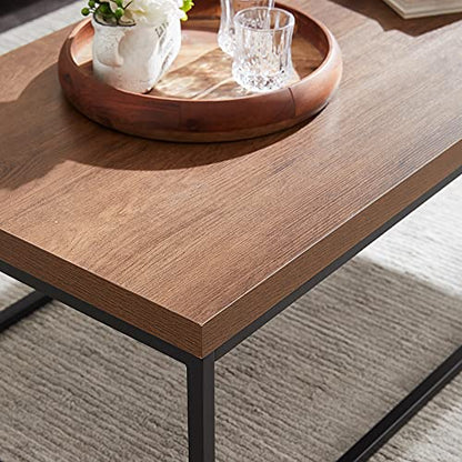 CENSI Dark Walnut Coffee Table for Living Room, 47" Modern Industrial Rectangular Wood and Metal Coffee Table with Extra Thick Tabletop (Walnut)