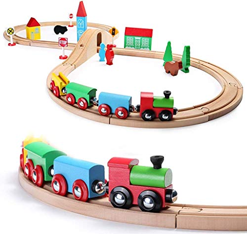 SainSmart Jr. Wooden Train Set for Toddler with Double-Side Train Tracks Fits Brio, Thomas, Melissa and Doug, Kids Wood Toy Train for 3,4,5 Year old SainSmart Jr.