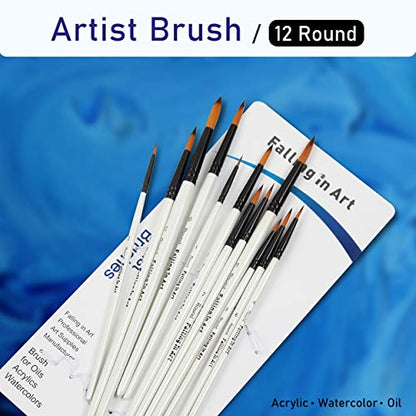 Falling in Art Paint Brushes Set, 12 PCS Nylon Professional Round Paint Brushes for Watercolor, Oil Painting, Acrylic, Face Body Nail Art, Crafts, - WoodArtSupply