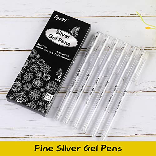 Dyvicl Silver Gel Pens, 0.8 mm Fine Pens Gel Ink Metallic Silver Pens for Black Paper Drawing, Sketching, Illustration, Adult Coloring, Journaling, Dyvicl