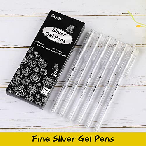 Dyvicl Silver Gel Pens, 0.8 mm Fine Pens Gel Ink Metallic Silver Pens for Black Paper Drawing, Sketching, Illustration, Adult Coloring, Journaling,