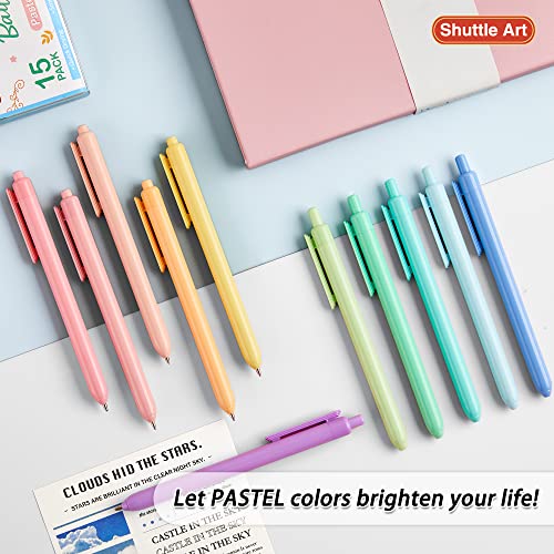 Shuttle Art Ballpoint Pens, 15 Pack Pastel Retractable Black Ink Ball Point Pens, Cute Pens 1.0mm Medium Point Quick Drying for Writing Journaling - WoodArtSupply