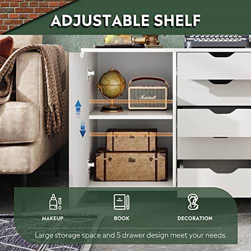 DEVAISE 5-Drawer Wood Dresser Chest with Door, Mobile Storage Cabinet, Printer Stand for Home Office DEVAISE