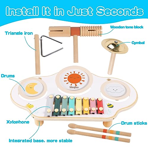 Twefex Kids Drum Set - 9 in 1 Baby Drum Set for Toddlers - Montessori Musical Instruments Toy for Babies - Wooden Xylophone Musical Toys for Boys and Twefex