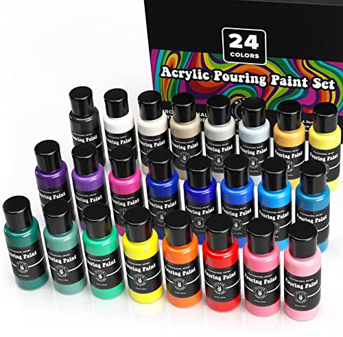 Paint Pouring Acrylic Paint Kit Ready to Pour Art and Liquid High Flow Painting Supplies Bulk 24 Color Craft Set with Metallics Fluid Acrylic Medium - WoodArtSupply