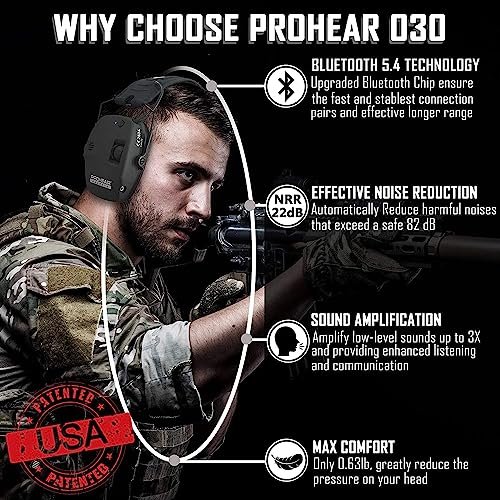 PROHEAR 030 Bluetooth 5.4 Electronic Shooting Ear Protection Earmuffs, Noise Reduction Sound Amplification Hearing Protector for Gun Range and PROHEAR