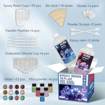 Aicool Epoxy Resin 32OZ, Epoxy Resin Kit, Crystal Clear Art Resin Not Yellowing, No Bubble, Self Leveling, High-Gloss, Casting & Coating for DIY - WoodArtSupply