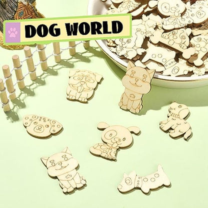 LiQunSweet 100 Pcs 9 Styles Random Animal Dog Puppy Blank Wooden Slices Charms Unfinished Wood Cutouts for Children Girl Boy DIY Craft Toy Painting