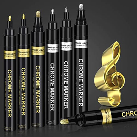 6Pcs Liquid Mirror Chrome Markers, Silver & Gold Oil-based Permanent Chrome Mirror Paint Pens for Model Painting, Repairing, Marking or DIY Art Artugn
