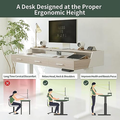 FEZIBO Electric Standing Desk with Drawers, 48x24 Inch Standing Desk Adjustable Height, Stand Up Desk with Monitor Shelf, Sit Stand Home Office Desk, - WoodArtSupply