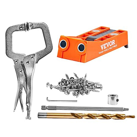VEVOR Pocket Hole Jig, 56 Pcs Mini Jig Pocket Hole System with 9" C-clamp, Step Drill, Wrench, Drill Stop Ring, Square Drive Bit, and Screws, for DIY VEVOR