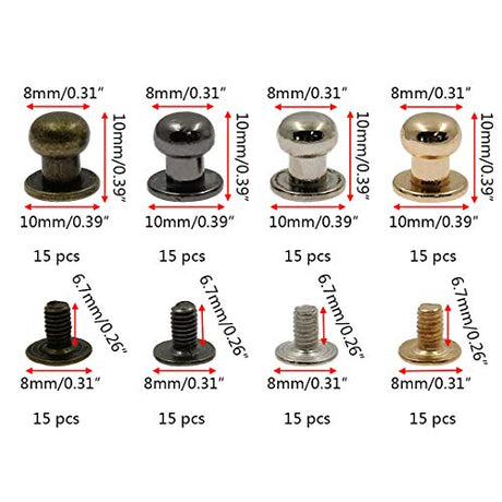 Kyuionty 60 Sets Chicago 8mm Round Head Button Phillips Screw Stud Rivet, 4 Colors Leather Rivets Craft Belt for DIY Craft Leather Craft Repairs Kyuionty
