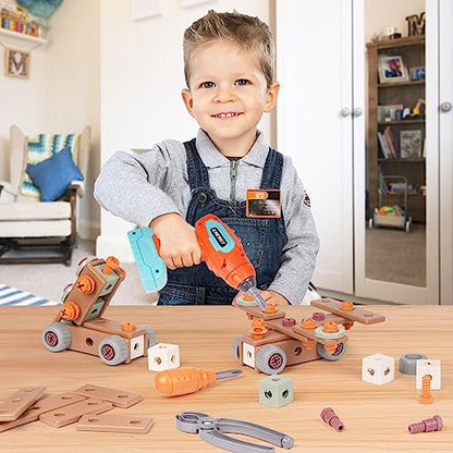 Agirlgle Kids Tool Set, 144 PCS Kids Tool Box STEM Montessori Construction Toy Pretend Play with Electric Drill Hammer Tool Accessories Toddler Tool