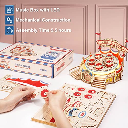 ROKR 3D Puzzles for Adults Model Kit, DIY Wooden Music Box Building Kit with LED Lights for Teens Adults Birthday Gift (Tilt-A-Whirl 280pcs) ROKR