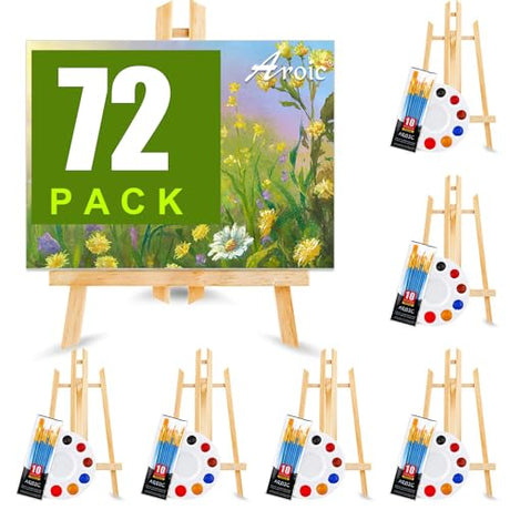AROIC 72 PCS Professional Painting Set with Easels, 6 PCS Wood Easels,6 Packs of 60 Brushes with Nylon Brush Head and 6 pcs Palettes, Painting AROIC