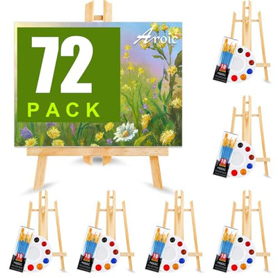 AROIC 72 PCS Professional Painting Set with Easels, 6 PCS Wood Easels,6 Packs of 60 Brushes with Nylon Brush Head and 6 pcs Palettes, Painting